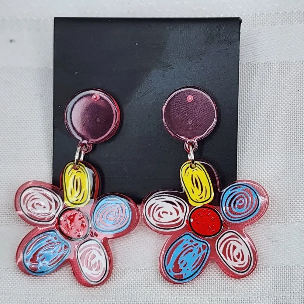 Acrylic Multi Color‎ Flower Earrings Post Back NWT